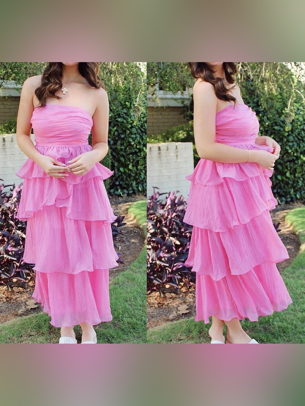 LENA Pink Strapless Tiered Ruffle Midi Dress